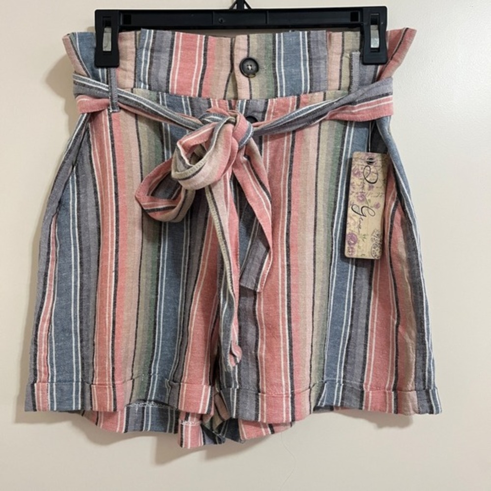 Womens Paperbag‎ Waist Cabana Striped Linen Look Shorts Medium High Rise Coastal
